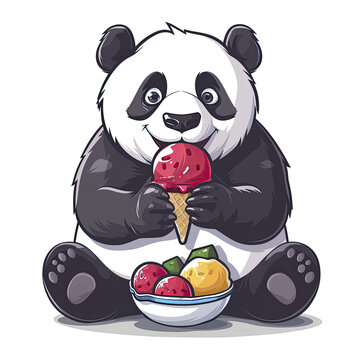 Panda Eating Ice Cream Cartoon, Isolated Transparent Background Images