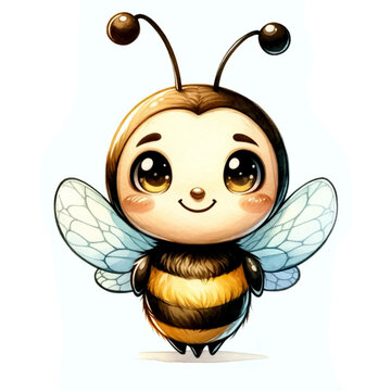 An illustration of a cute bee character with smiling face, rendered in watercolor style.