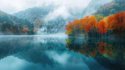 Fotobehang The quiet of early morning is palpable as mist hovers over a serene mountain lake, with the forest's fiery autumn colors reflected in its glassy surface © Nakarin