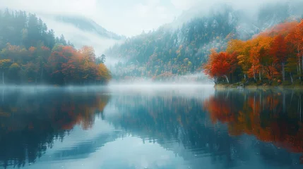 Papier Peint photo Réflexion The quiet of early morning is palpable as mist hovers over a serene mountain lake, with the forest's fiery autumn colors reflected in its glassy surface