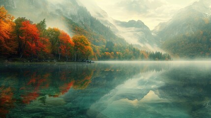The quiet of early morning is palpable as mist hovers over a serene mountain lake, with the forest's fiery autumn colors reflected in its glassy surface - obrazy, fototapety, plakaty