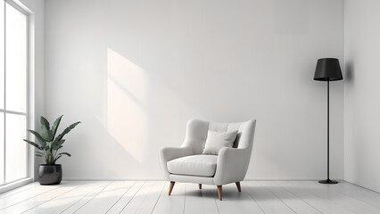 Modern minimalist interior with an armchair on empty white color wall background