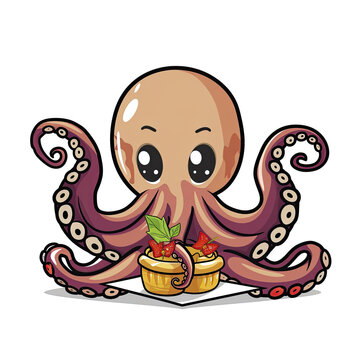 Octopus Eating Takoyaki Cartoon, Isolated Transparent Background Images