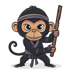 Monkey Ninja Holding Wood Stick Cartoon, Isolated Transparent Background Images