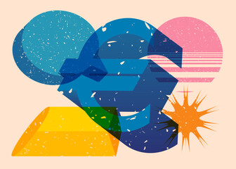 Risograph Euro Currency symbol with speech bubble with geometric shapes. Objects in trendy riso graph print texture style design with geometry elements.