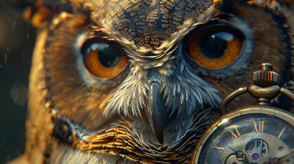 An owls wise gaze upon a treasured pocket watch symbolizing the timeless wisdom and legacy of nature - obrazy, fototapety, plakaty