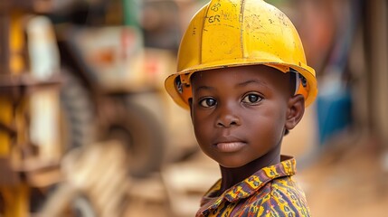 Portrait of lovely little African boy in engineer yellow hat standing in outside with a big space for text or product, Generative AI.