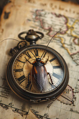 The analog beauty of a pocket watch explored by the curious antennae of a cockroach blending history with the present