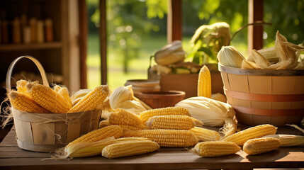 
ipe corn cobs resting on a cheerful yellow backdrop, surrounded by scattered kernels and husks,...