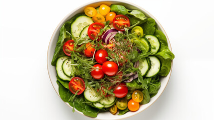 
A bountiful salad bowl filled with an abundance of colorful vegetables, including crisp spinach leaves, plump cherry tomatoes, and crunchy cucumbers, arranged against a bright white background.