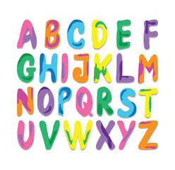 Colorful capital alphabet letters painted with various colors on a white backdrop.