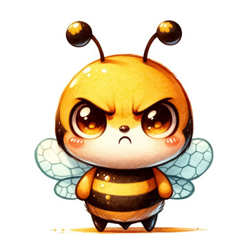 An illustration of a cute bee character with Angry face, rendered in watercolor style.