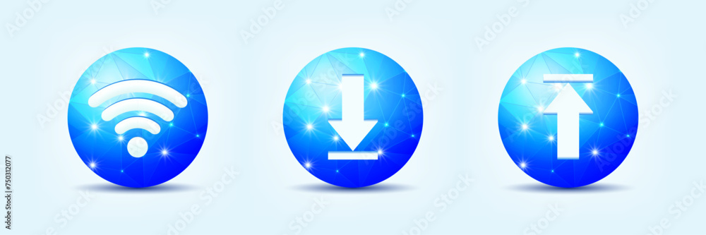 Poster wifi, upload and download icon on a global network and a geometric sphere polygonal shape. concept o