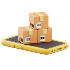 Mobile phone and delivery cardboard boxes parcel 3d icon. Online express delivery illustration isolated on transparent background