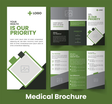 Health Trifold Brochure Template. Medical Catalog Pamphlet Design. Green Accent Flyer