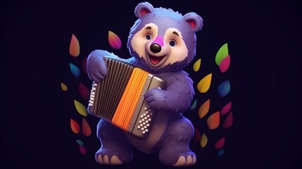 Bear accordionist  Topdown angle  Long shot animation3d colorful happy - obrazy, fototapety, plakaty