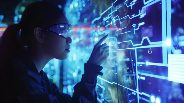 A team of engineers in a simulation of a solar farm yzing the best placement of panels and utilizing holographic tools to optimize its efficiency.