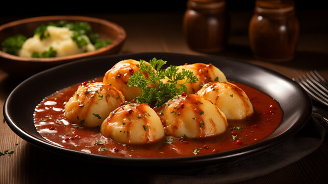 Succulent potato dumplings, kopytka, arranged neatly in a plate alongside a hearty meat stew, captured in a horizontal composition on a rustic tabletop, with soft ambient lighting casting warm shadow.