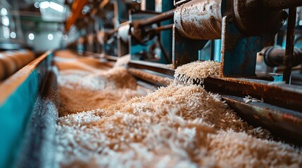 Portrait of the rice processing machinery factory with a big space and blurry backdrop for text or product, Generative AI. - obrazy, fototapety, plakaty