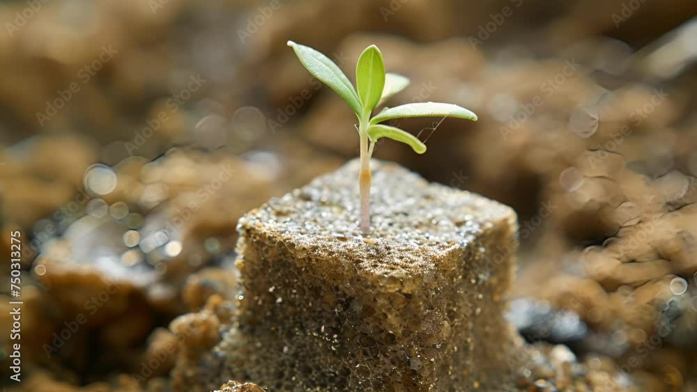 Poster a tiny sprout emerging from a small cube of rock wool its delicate root just beginning to reach out 