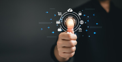 futuristic digital processing of biometric identification fingerprint scanner for access personal financial data. surveillance and security scanning of.digital programs cyber futuristic applications