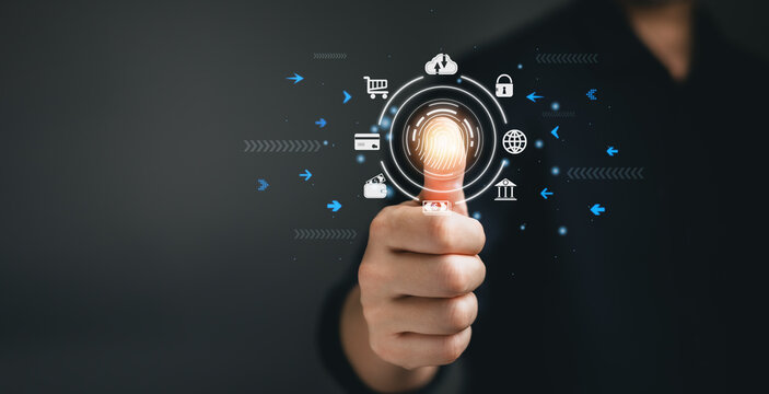 futuristic digital processing of biometric identification fingerprint scanner for access personal financial data. surveillance and security scanning of.digital programs cyber futuristic applications