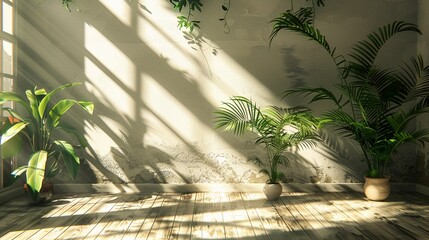 Interior room with different house plant on the wall and sun light.