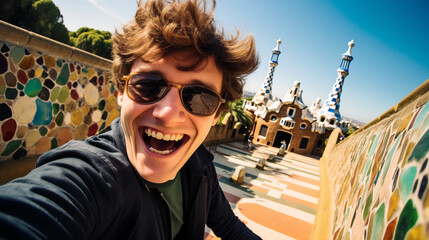 
A happy tourist captures a selfie self-portrait with his smartphone amidst the iconic architecture of Park Guell in Barcelona, Spain, hi.s smile reflecting the joy of vacationing. - obrazy, fototapety, plakaty