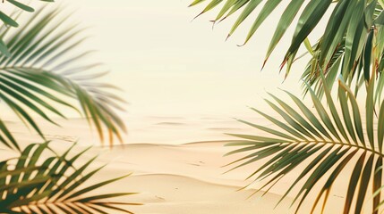 Tropical palm leaves on sand dune background. Summer vacation concept with copy space for display product.