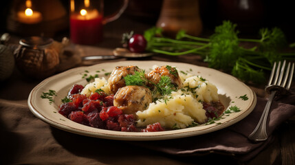 
A horizontal view of a plate brimming with traditional Polish potato dumplings, kopytka, served generously with a savory meat stew.