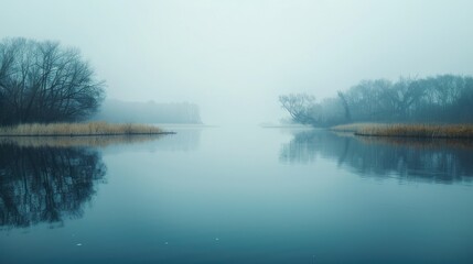A tranquil lake sits enveloped in mist during the early hours of an overcast day, with reflections of the surrounding forest creating a mirror-like surface