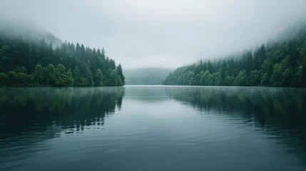 Foto op Canvas A tranquil lake sits enveloped in mist during the early hours of an overcast day, with reflections of the surrounding forest creating a mirror-like surface © Nakarin
