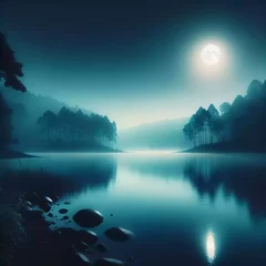 Papier Peint photo Lavable Vert bleu 月夜の静寂 - 湖畔の幻想風景【生成AI】