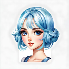 Watercolor portrait of cute girl character with blue icy hair.(Generative AI)