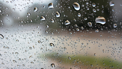 picture of a mirror having water droplets on it after raining; behind the glass are raindrops