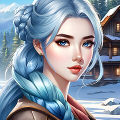 Watercolor portrait of cute girl character with blue icy hair.(Generative AI)