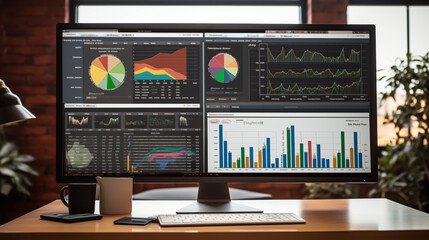 A dynamic business analytics data dashboard illuminates a sleek, modern office space on a large monitor, vibrant and colorful graphs and charts representing key performance indicators, real-time data.