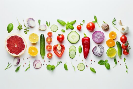 Generate an image showcasing an assortment of fresh ingredients arranged in a dynamic composition, leaving space for text 