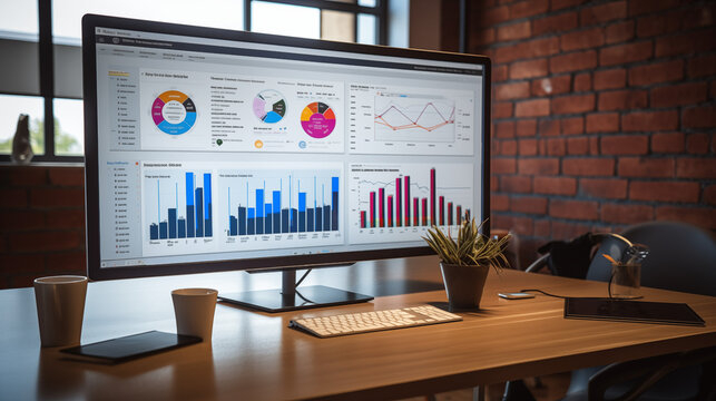 .
A KPI business analytics data dashboard displayed on a large monitor in a modern office, with colorful graphs and charts depicting key performance indicators, real-time data updates streaming .