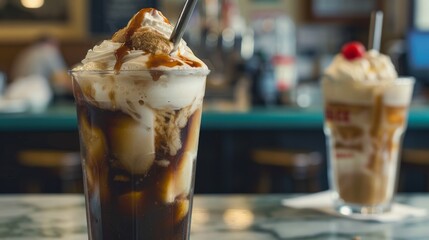 root beer float on a green marble counter,