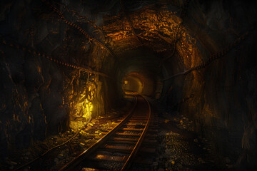 Fototapeta na wymiar A dimly lit gold mine tunnel evokes the historical quest for riches, shrouded in mystery as it delves into the depths of the earth. The entrance to the land holds an aura of intrigue, hinting at the s