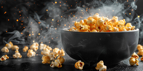 TV time treat Glass bowl filled with fresh, buttery popcorn a bowl of popcorn on a table with a black background.AI Generative - obrazy, fototapety, plakaty
