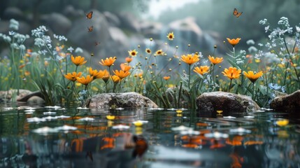 A natural pond mirrors the bright colors of surrounding wildflowers, creating a tranquil scene of floral beauty and water's stillness