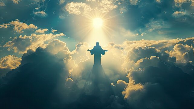 Ascension of Christ. Shining silhouette in the clouds, copy space - generative ai