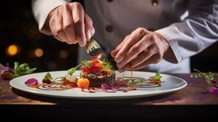  An elegant composition showcasing a modern food stylist meticulously crafting a gourmet meal for presentation in a high-end restaurant, with a close-up emphasis on the stylist's .