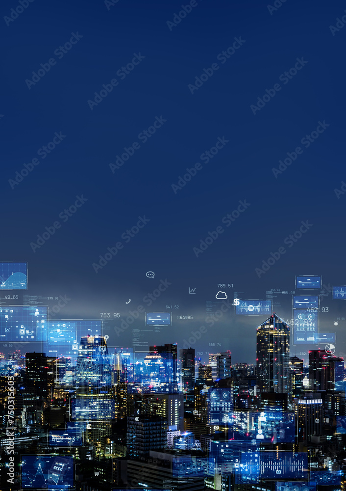Poster modern city and digital technology concept. smart city. digital transformation. vertical visual for 