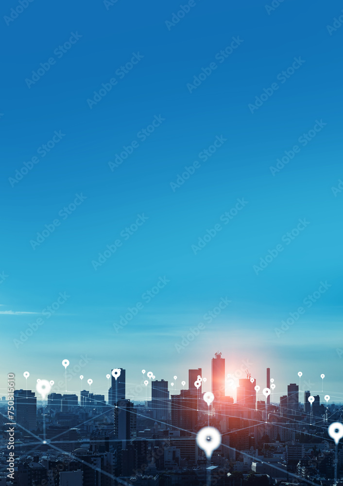 Poster Modern city and location information network concept. GPS. Navigation map. Social networking service. Vertical visual for advertisements and banners.