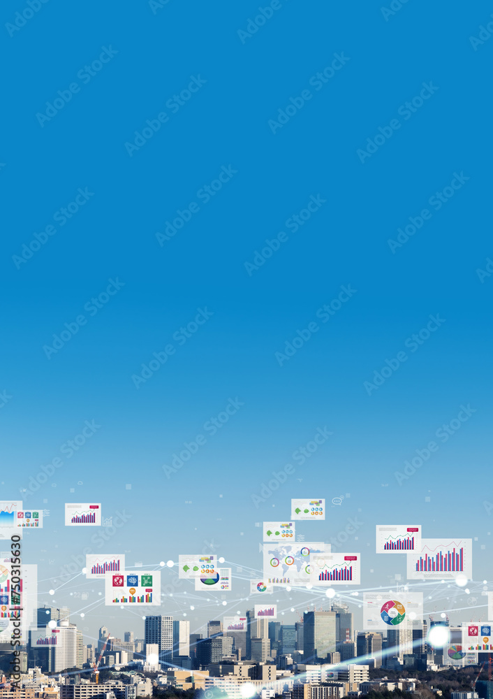 Poster modern city and digital documents concept. business strategy. financial planning. vertical visual fo