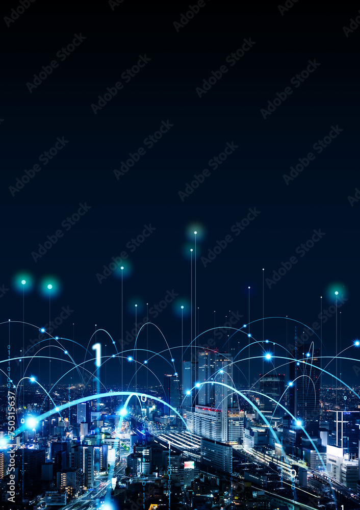 Fototapete Modern city and wireless communication network concept. Smart city. Digital transformation. Vertical visual for advertisements and banners.