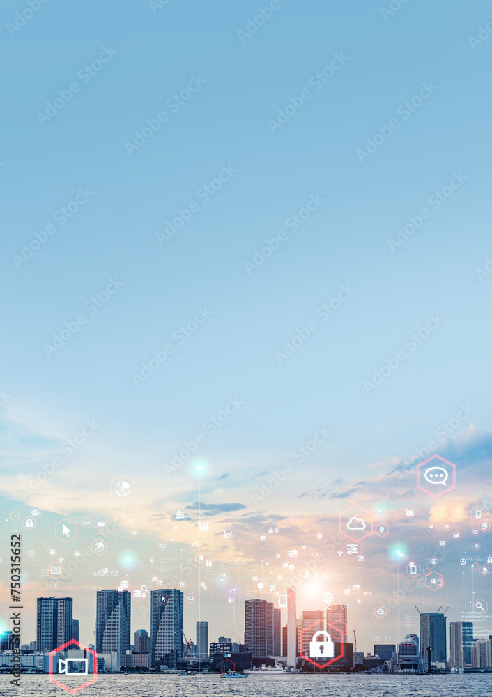 Aufkleber 現代都市と通信ネットワーク　広告・バナー向け縦型ビジュアル